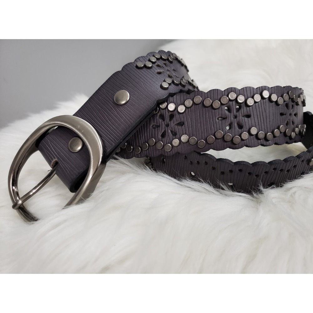 Studded Leather Belt Black Floral‎ Cutout Silver Buckle 90s y2k boho cottagecore